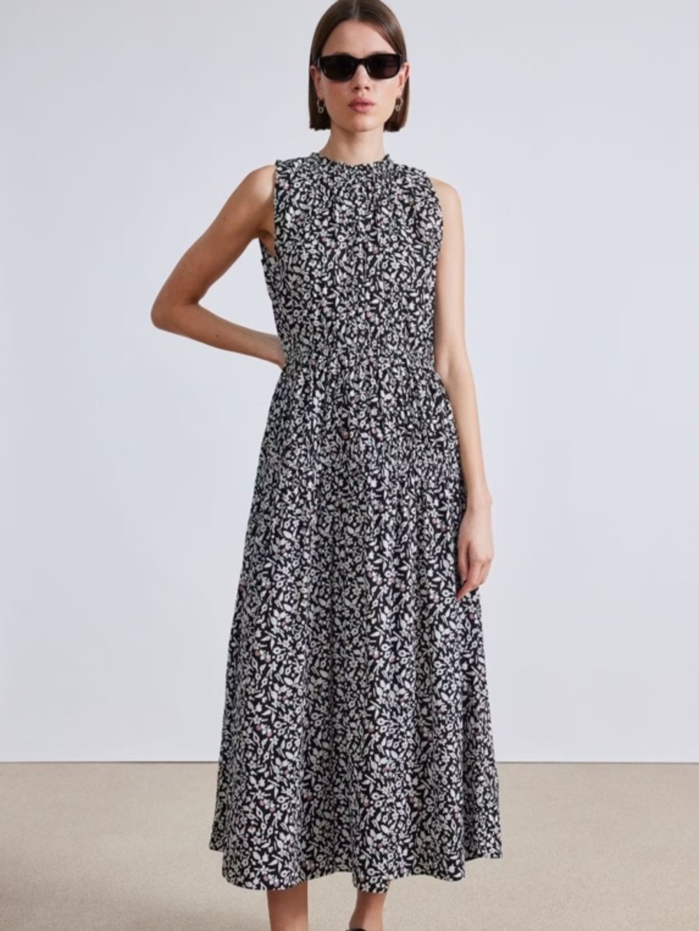Apiece Apart Arte Tank Dress Small Black Cream Floral Cotton Midi Maxi Dress
